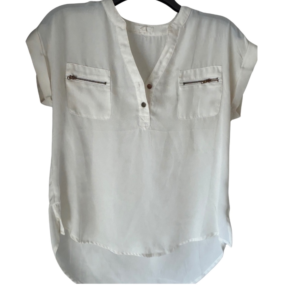 White Women's Top ✨ Brass Buttons + Faux Zip Pockets